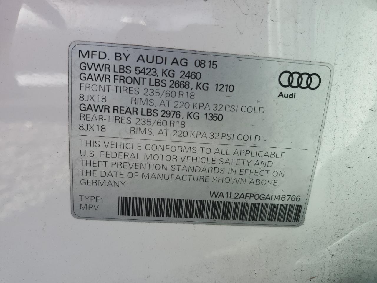 2016 Audi Q5 Premium Plus VIN: WA1L2AFP0GA046766 Lot: 82065045