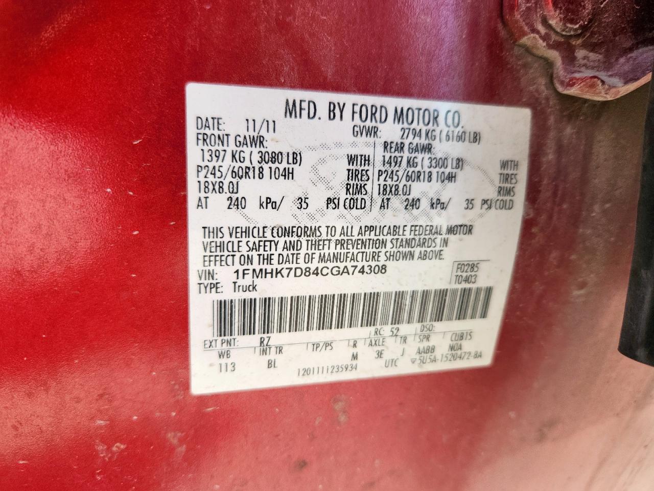 2012 Ford Explorer Xlt VIN: 1FMHK7D84CGA74308 Lot: 85759835