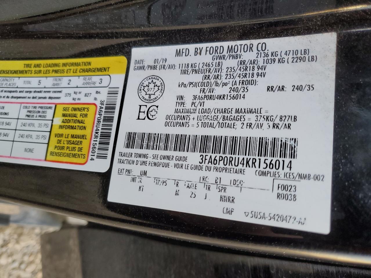 2019 Ford Fusion Titanium VIN: 3FA6P0RU4KR156014 Lot: 85740045