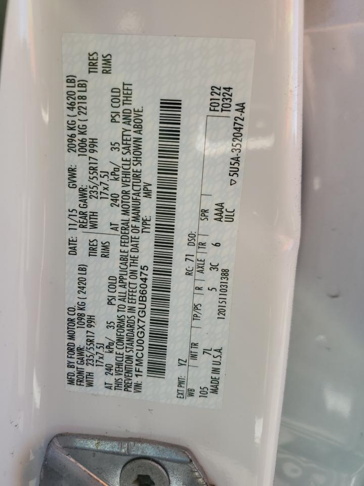 2016 Ford Escape Se VIN: 1FMCU0GX7GUB60475 Lot: 85653365