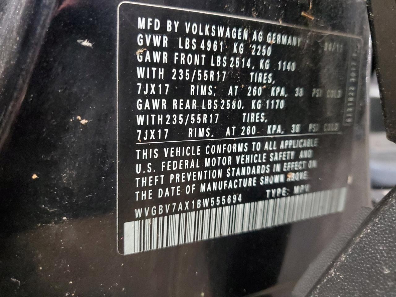 2011 Volkswagen Tiguan S VIN: WVGBV7AX1BW555694 Lot: 86407045