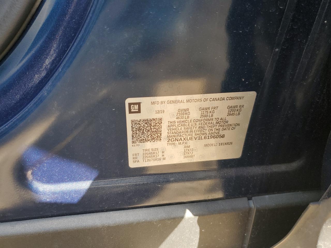 2020 Chevrolet Equinox Lt VIN: 2GNAXUEV1L6196058 Lot: 85312145