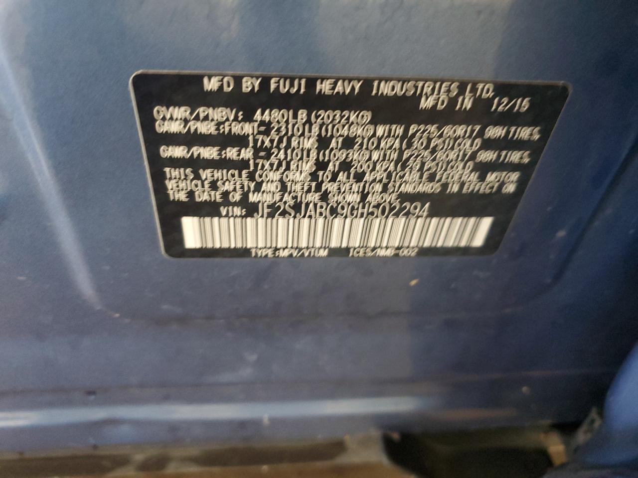 2016 Subaru Forester 2.5I VIN: JF2SJABC9GH502294 Lot: 85383895