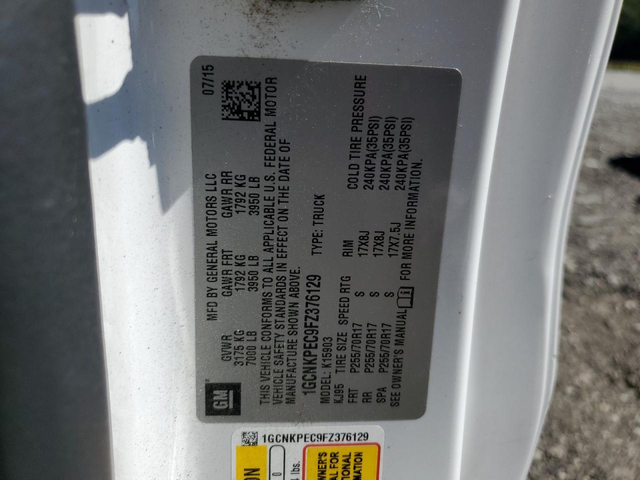 2015 Chevrolet Silverado K1500 VIN: 1GCNKPEC9FZ376129 Lot: 81996225