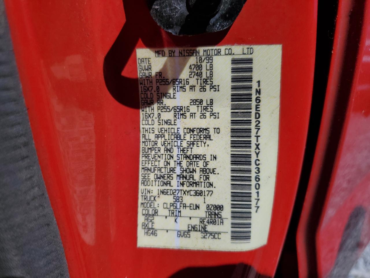 2000 Nissan Frontier Crew Cab Xe VIN: 1N6ED27TXYC360177 Lot: 86685995