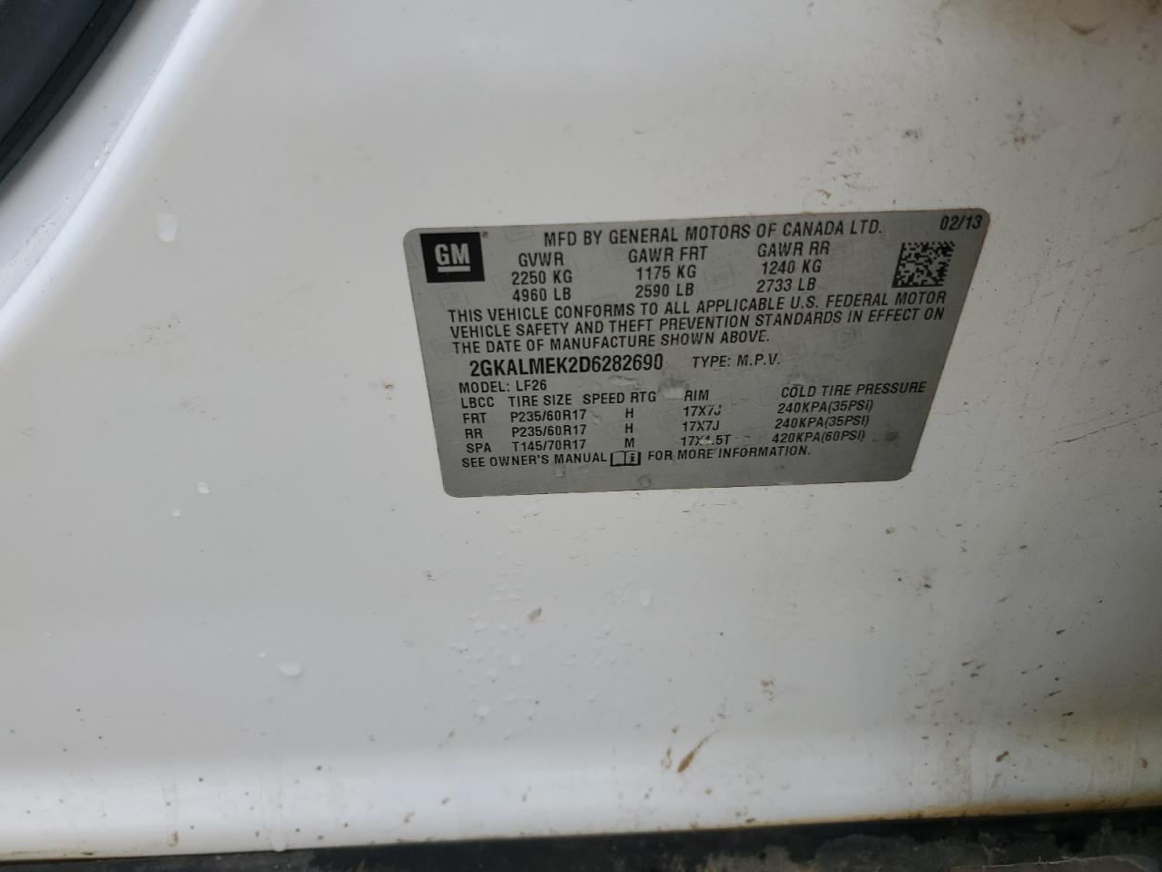 2013 GMC Terrain Sle VIN: 2GKALMEK2D6282690 Lot: 86066495