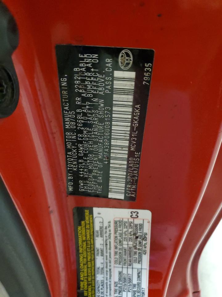 2006 Toyota Camry Solara Se VIN: 4T1FA38P06U081573 Lot: 86850985