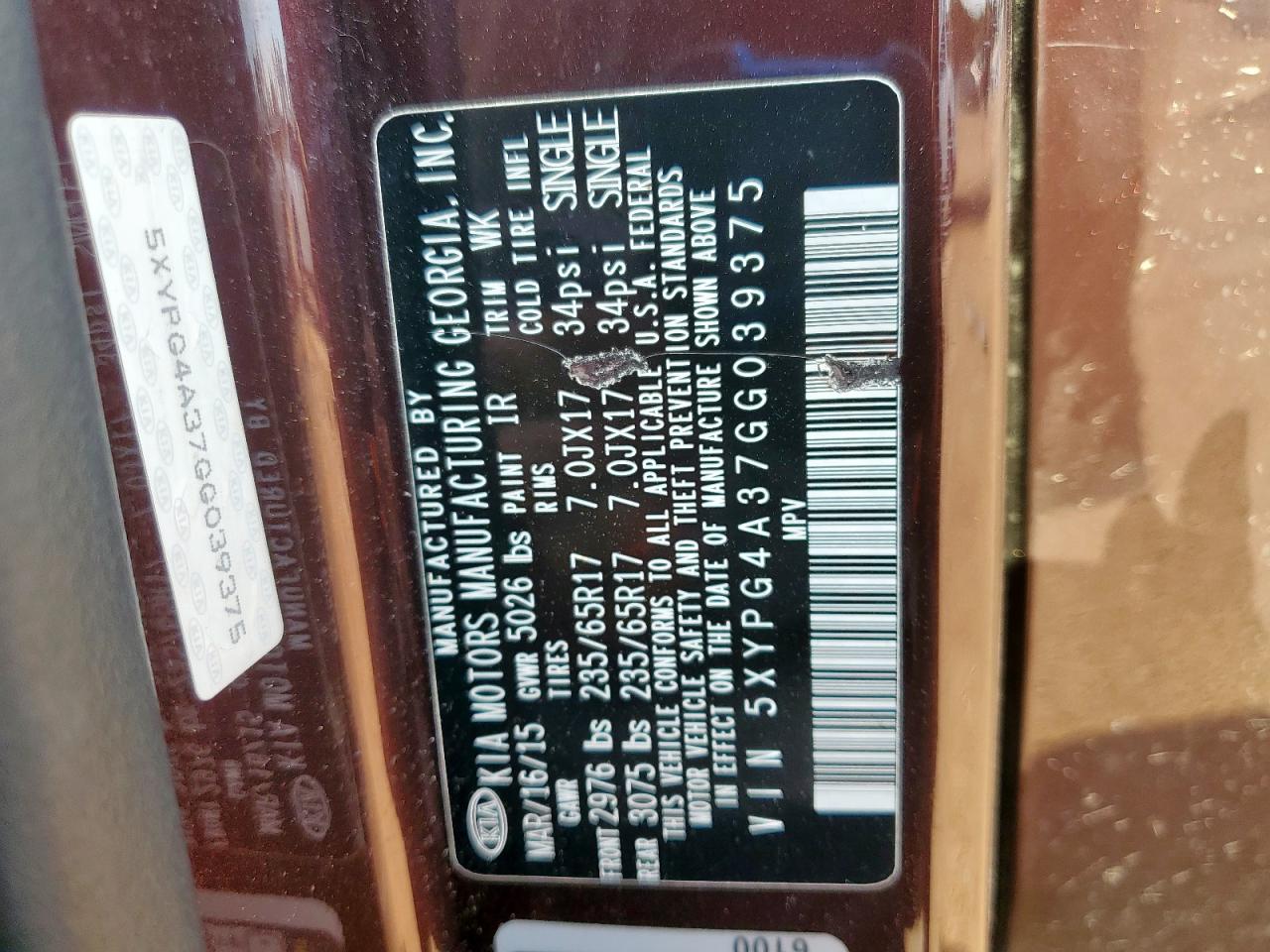 2016 Kia Sorento Lx VIN: 5XYPG4A37GG039375 Lot: 85896575