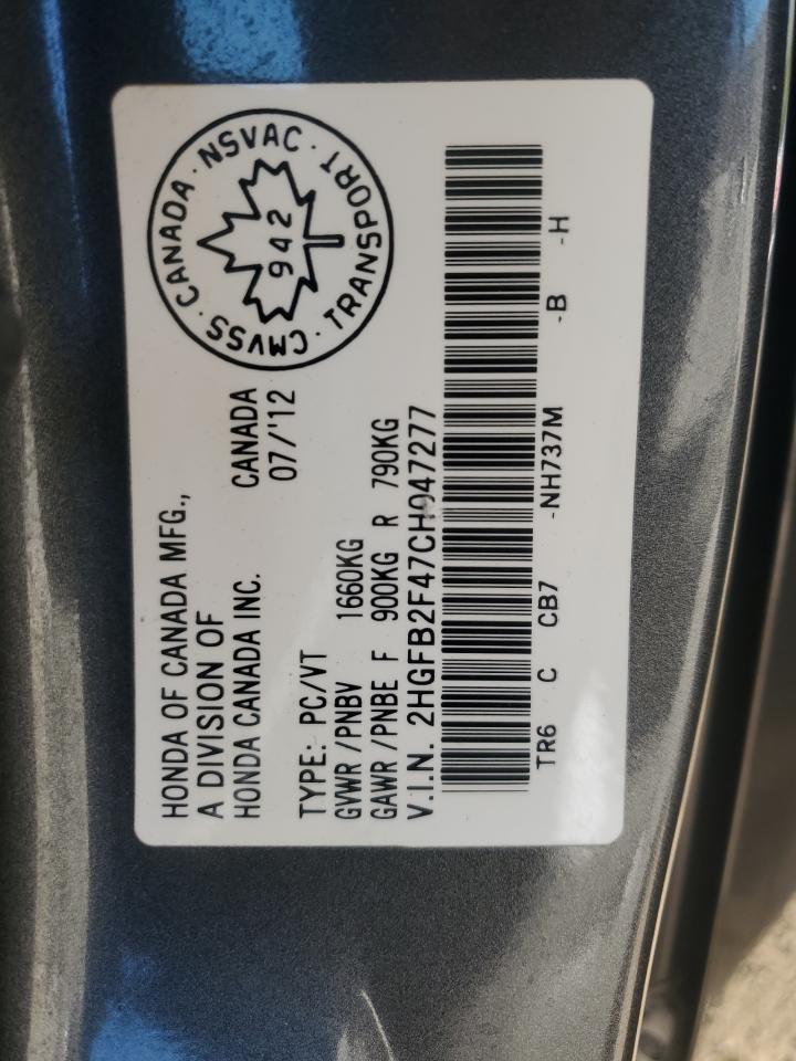 2012 Honda Civic Lx VIN: 2HGFB2F47CH047277 Lot: 85325085