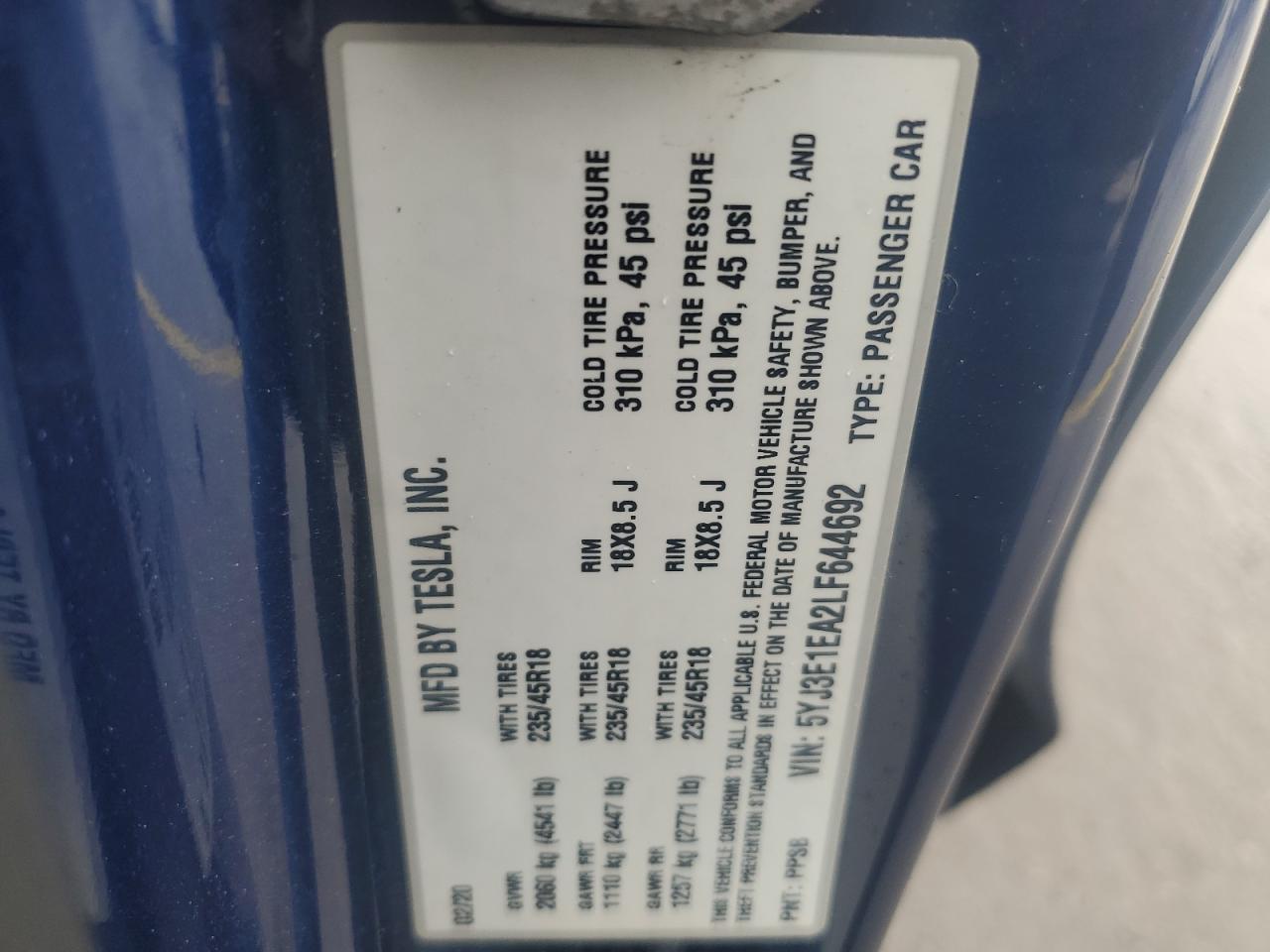 2020 Tesla Model 3 VIN: 5YJ3E1EA2LF644692 Lot: 81953345