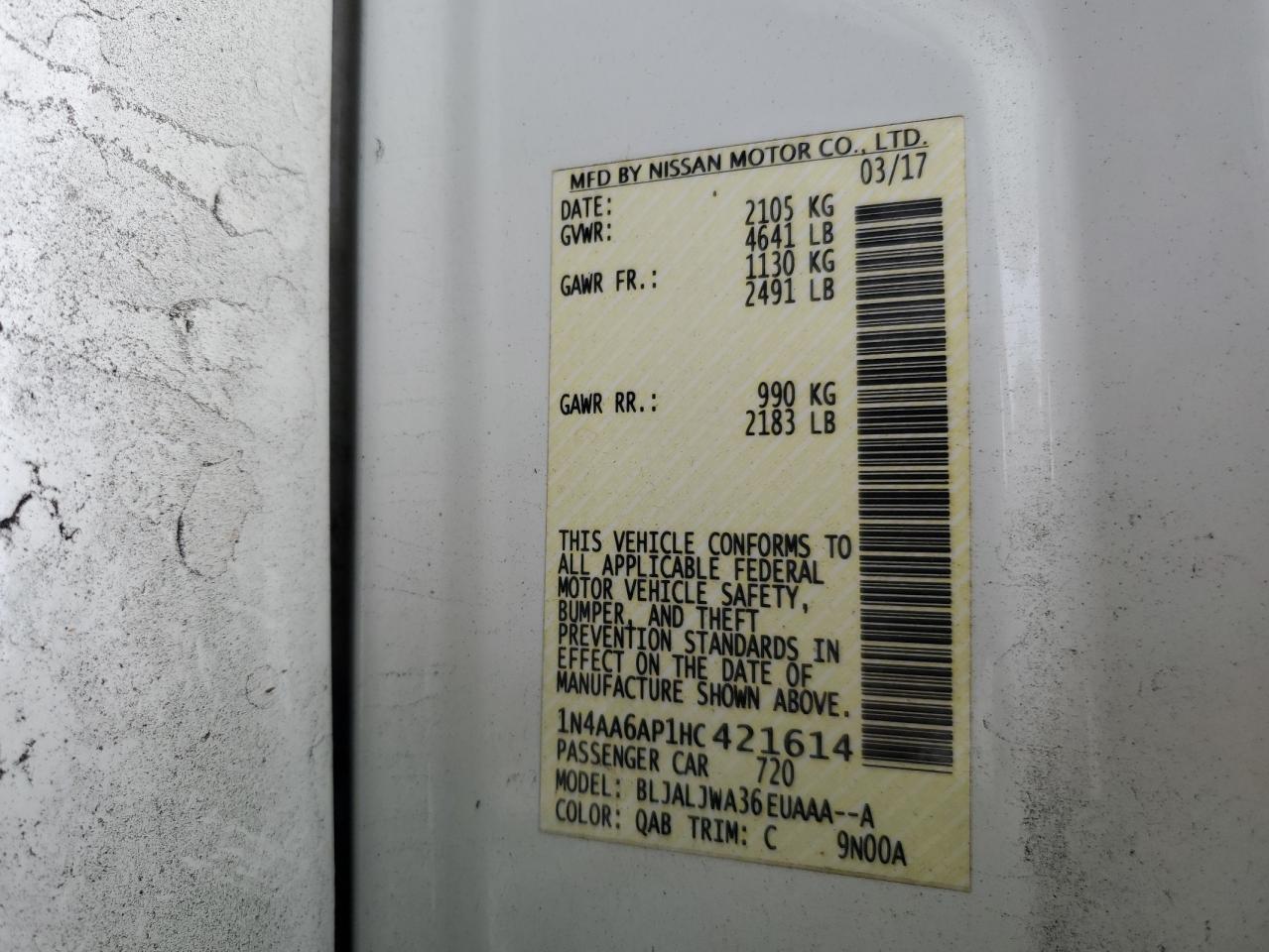 2017 Nissan Maxima 3.5S VIN: 1N4AA6AP1HC421614 Lot: 86122735