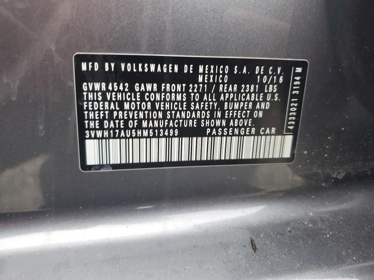 2017 Volkswagen Golf Alltrack S VIN: 3VWH17AU5HM513499 Lot: 89490495