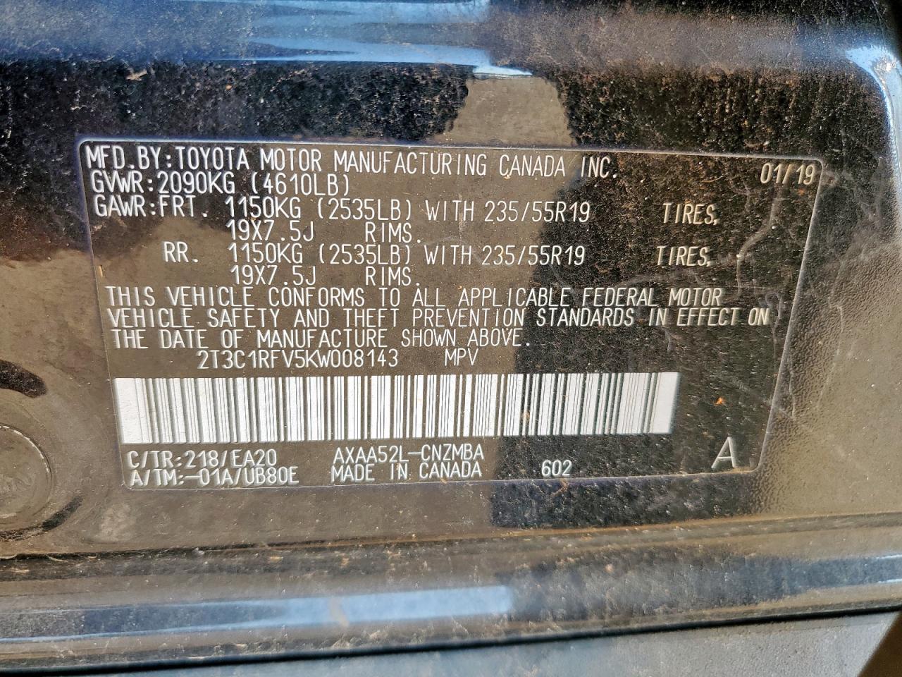 2019 Toyota Rav4 Xle Premium VIN: 2T3C1RFV5KW008143 Lot: 85136195