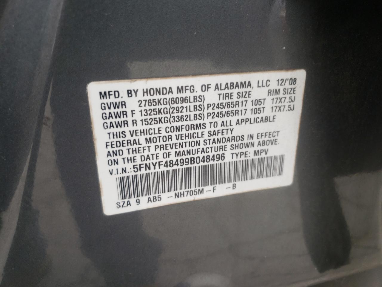 2009 Honda Pilot Ex VIN: 5FNYF48499B048496 Lot: 82244355