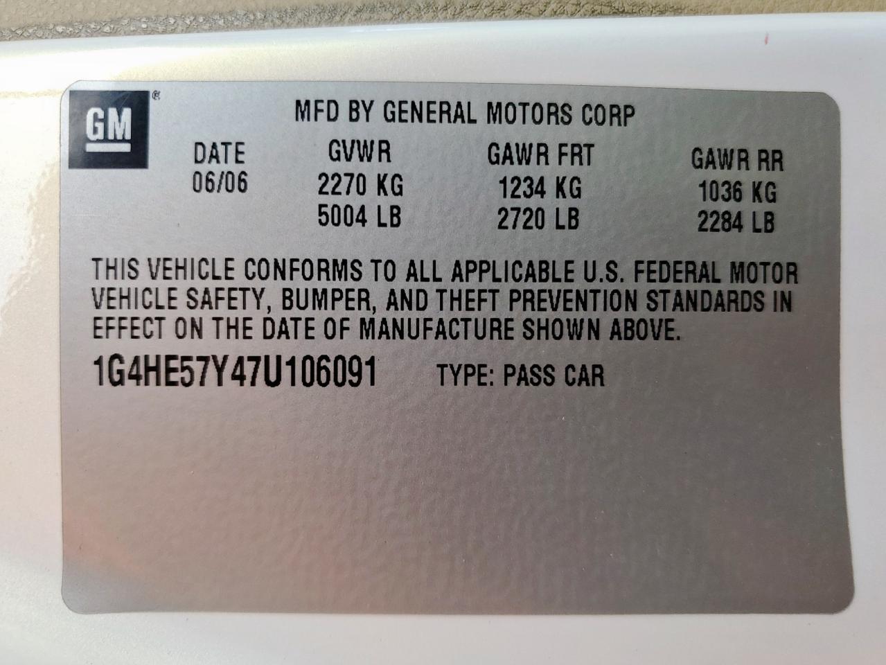 2007 Buick Lucerne Cxs VIN: 1G4HE57Y47U106091 Lot: 86081005