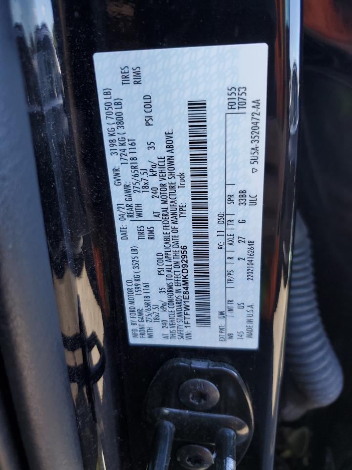 2021 Ford F150 Supercrew VIN: 1FTFW1E84MKD92956 Lot: 85106885