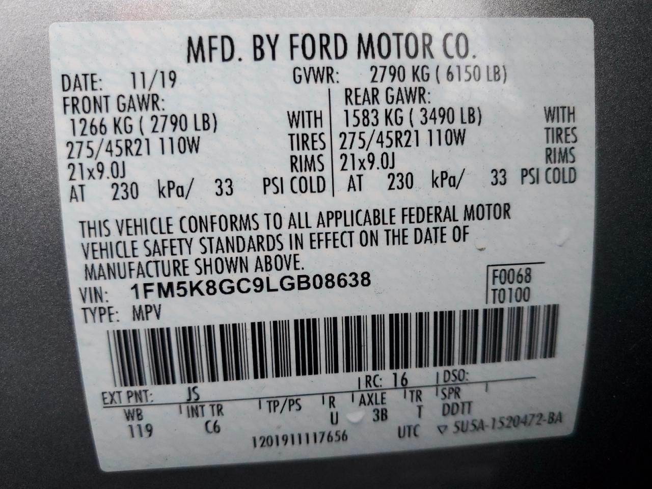 2020 Ford Explorer St VIN: 1FM5K8GC9LGB08638 Lot: 82343215