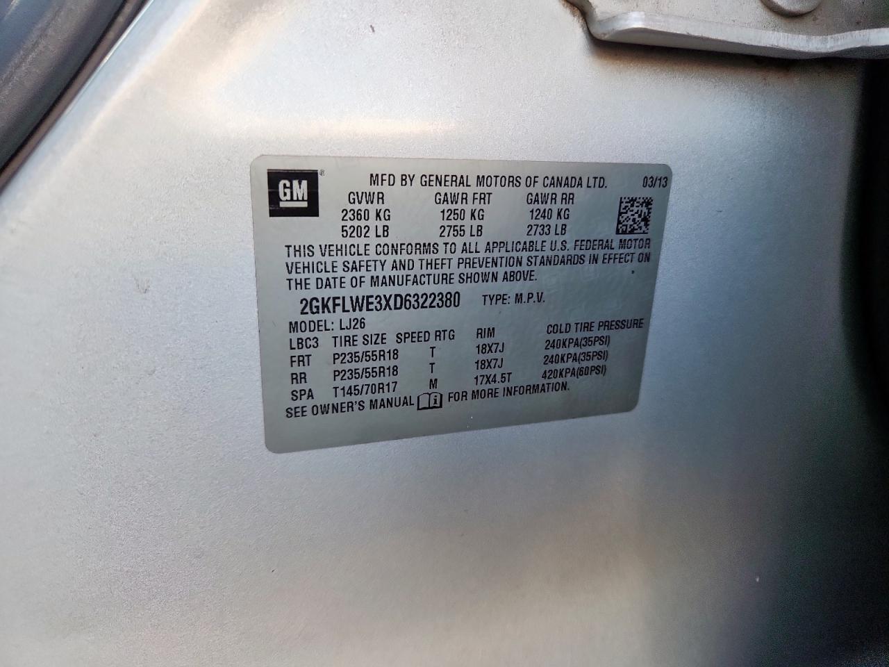 2013 GMC Terrain Slt VIN: 2GKFLWE3XD6322380 Lot: 82381265