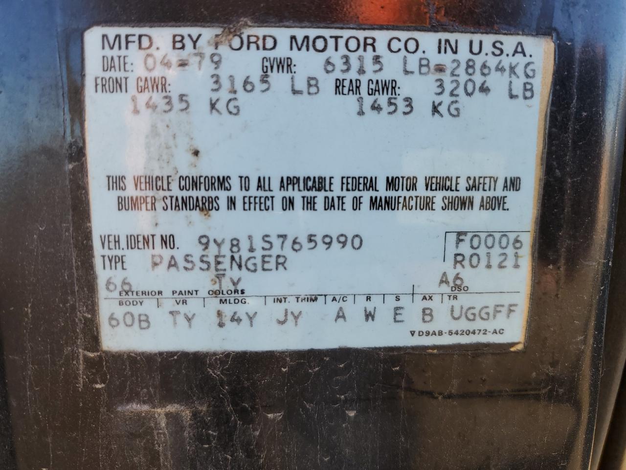 1979 Lincoln Continenta VIN: 9Y81S765990 Lot: 85865585