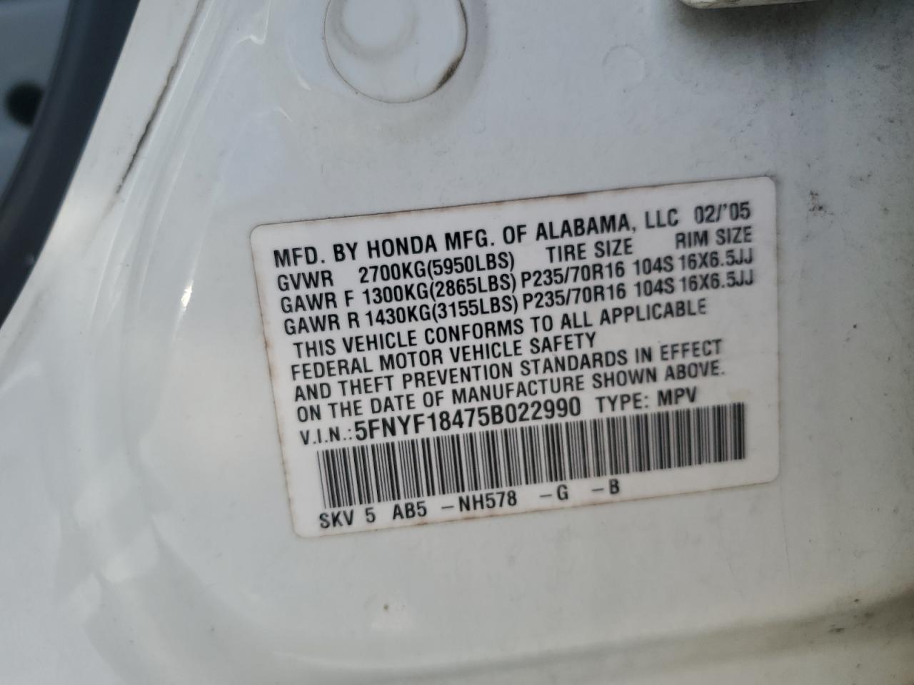 2005 Honda Pilot Ex VIN: 5FNYF18475B022990 Lot: 82432765