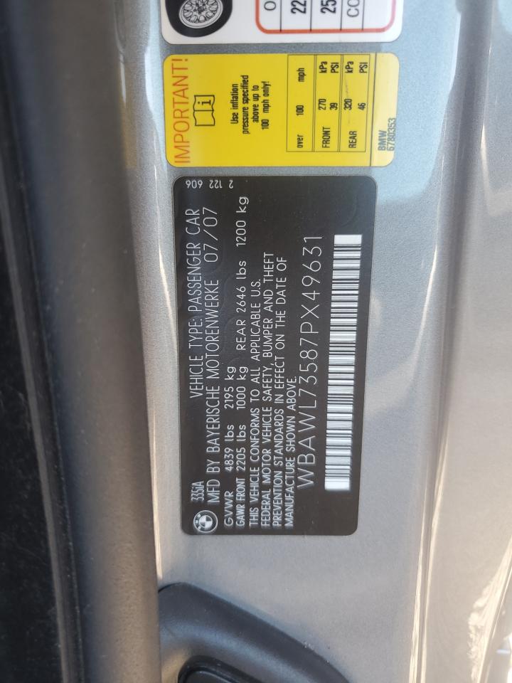 2007 BMW 335 I VIN: WBAWL73587PX49631 Lot: 86686625