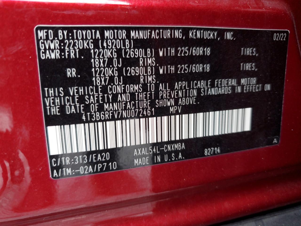 2022 Toyota Rav4 Xle Premium VIN: 4T3B6RFV7NU072461 Lot: 86152475