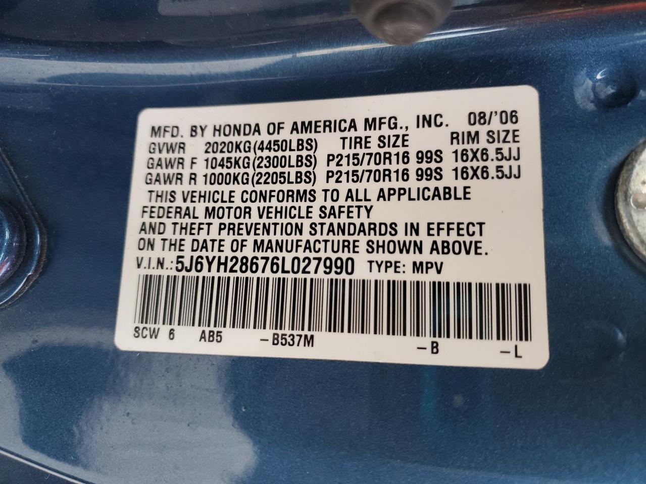 2006 Honda Element Ex VIN: 5J6YH28676L027990 Lot: 89447595