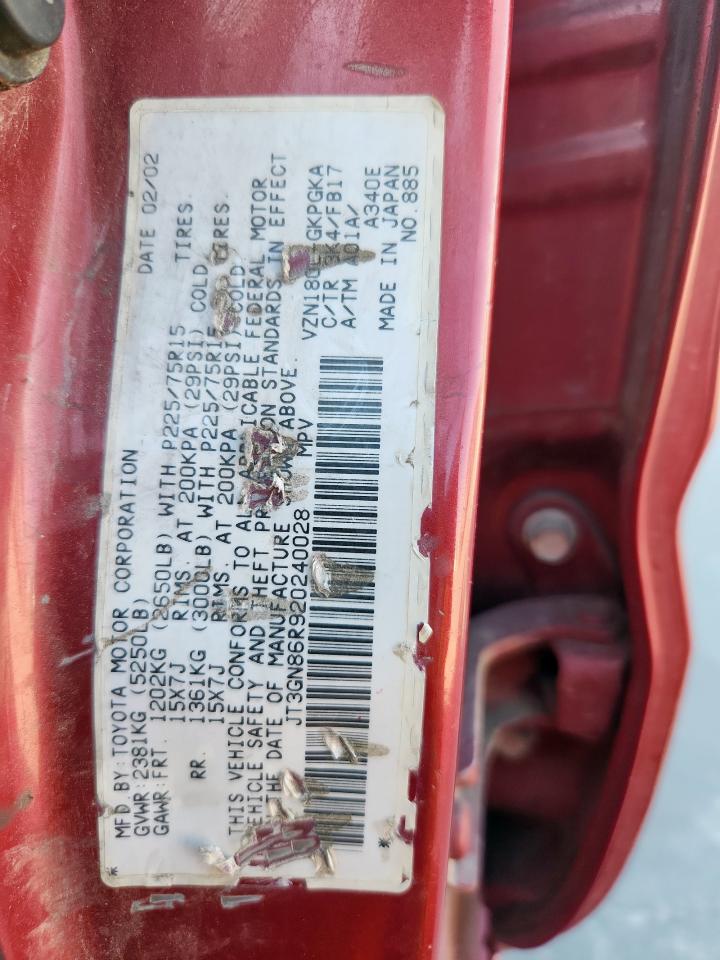 2002 Toyota 4Runner Sr5 VIN: JT3GN86R920240028 Lot: 86159935