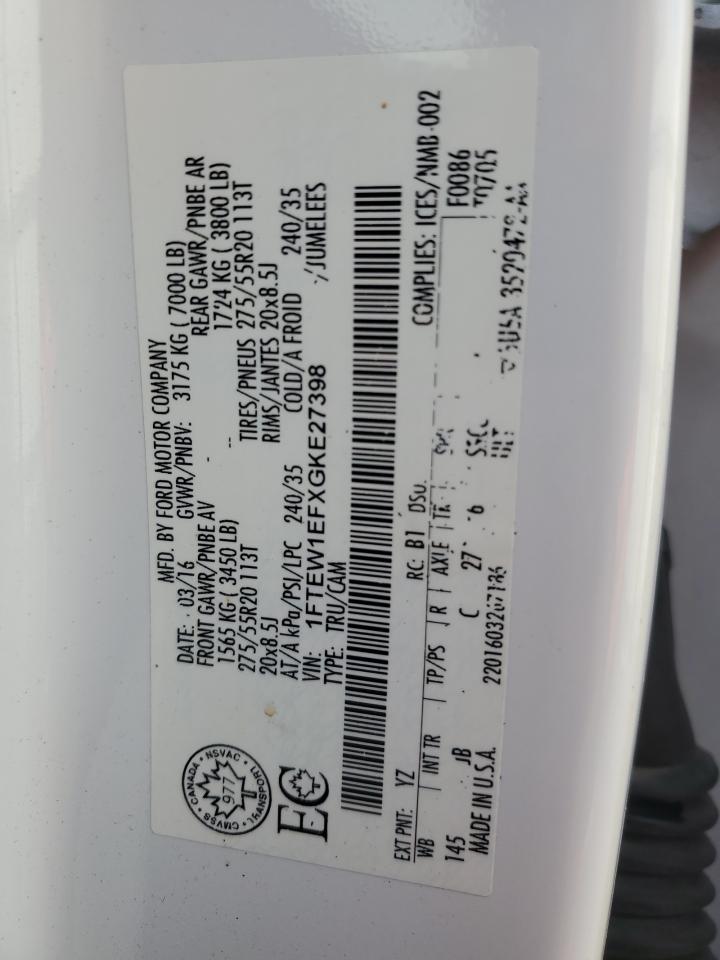 2016 Ford F150 Supercrew VIN: 1FTEW1EFXGKE27398 Lot: 89840025