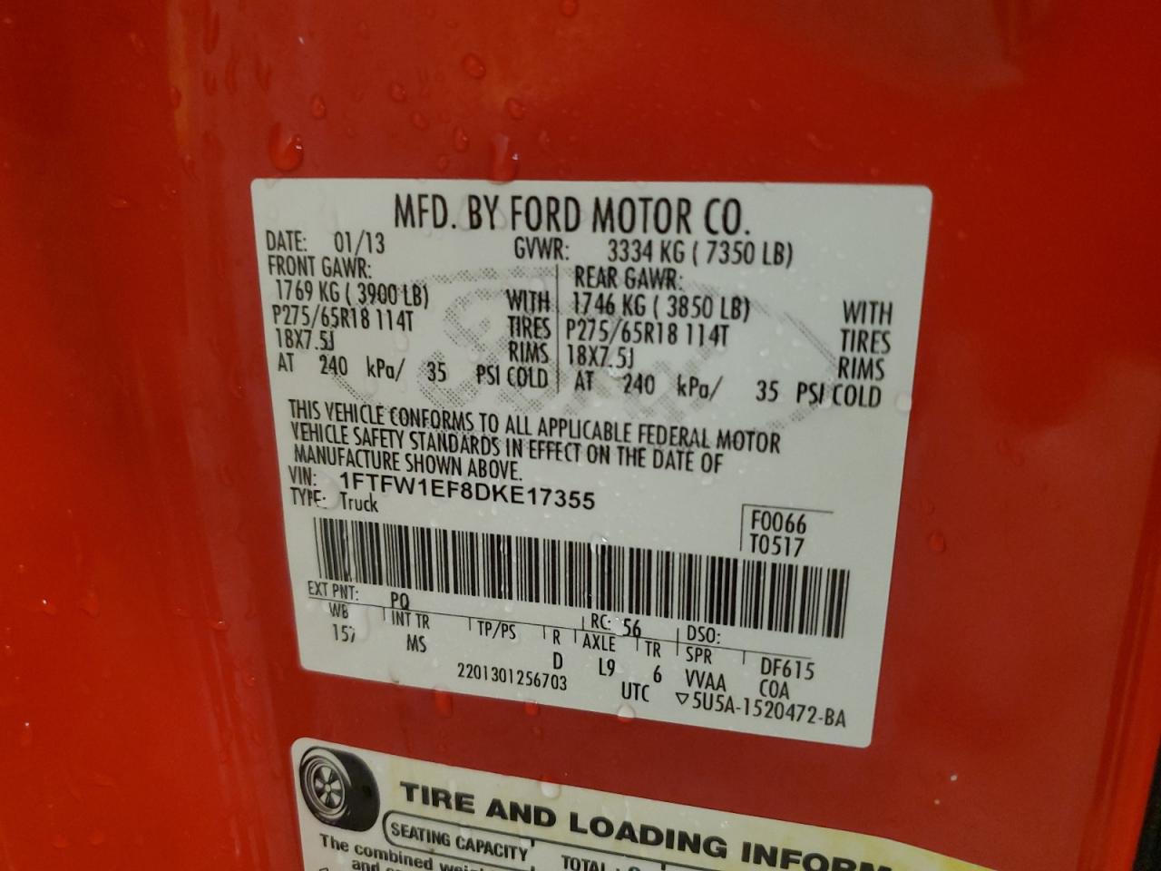 2013 Ford F150 Supercrew VIN: 1FTFW1EF8DKE17355 Lot: 90303485