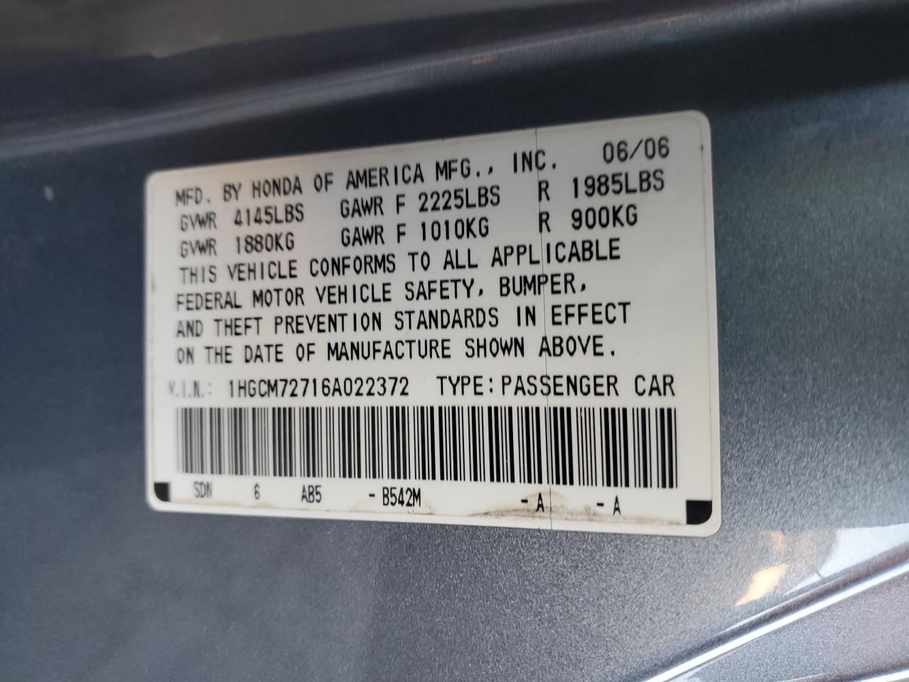 2006 Honda Accord Ex VIN: 1HGCM72716A022372 Lot: 85367845