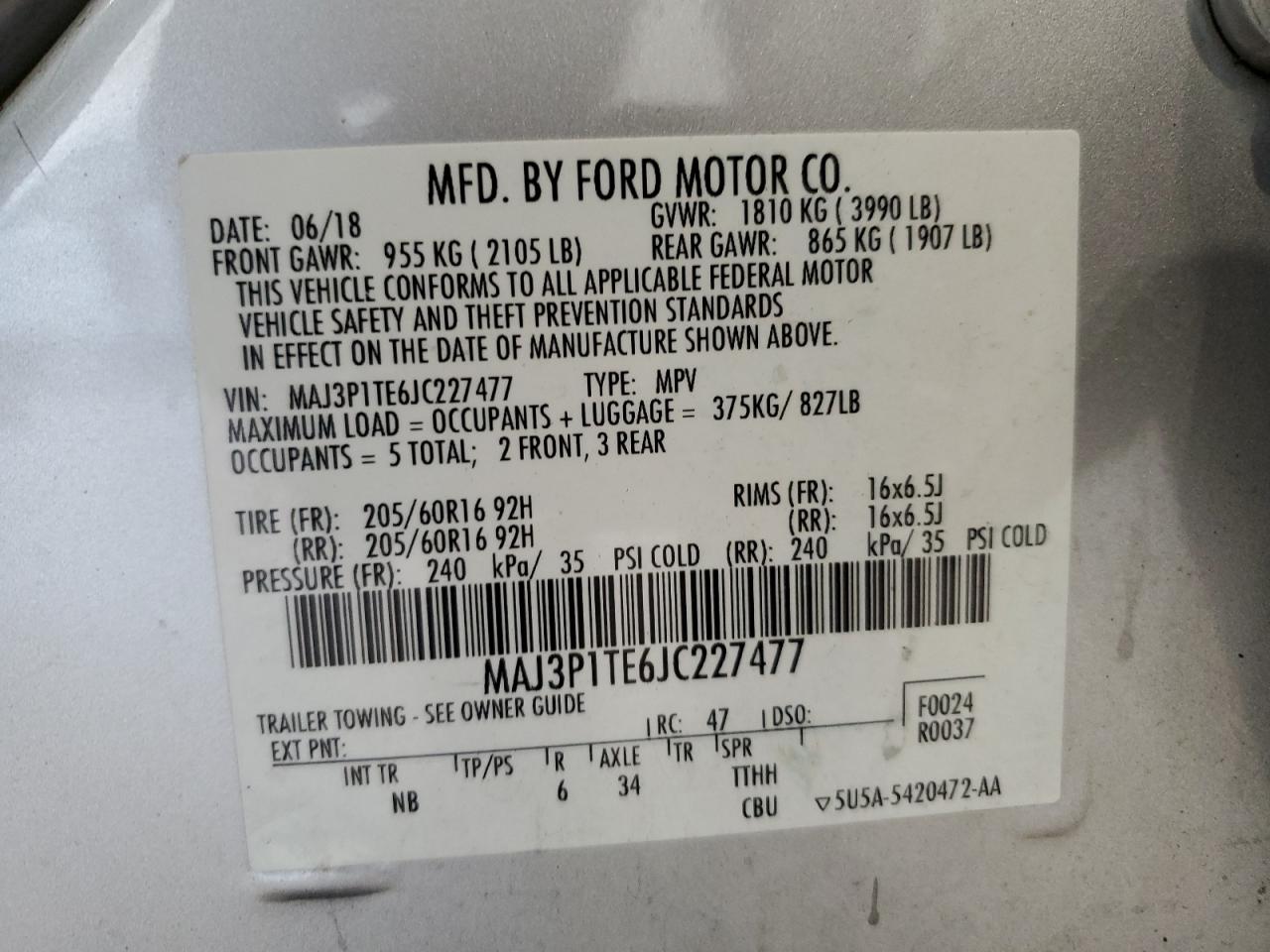 2018 Ford Ecosport Se VIN: MAJ3P1TE6JC227477 Lot: 84612725