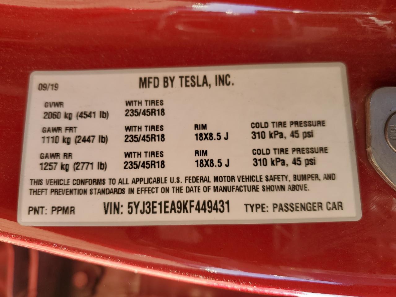 2019 Tesla Model 3 VIN: 5YJ3E1EA9KF449431 Lot: 89702355