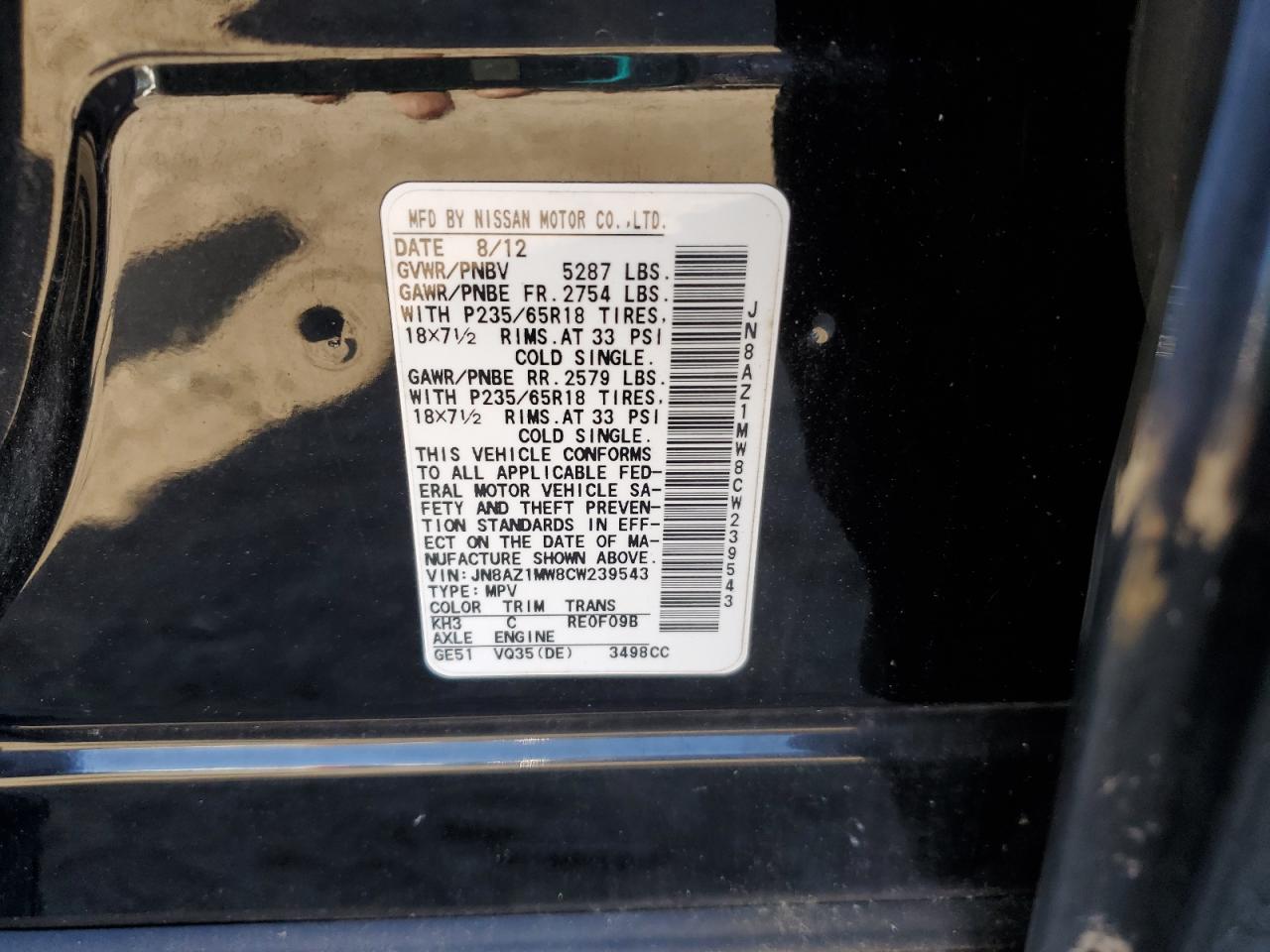 2012 Nissan Murano S VIN: JN8AZ1MW8CW239543 Lot: 82389475