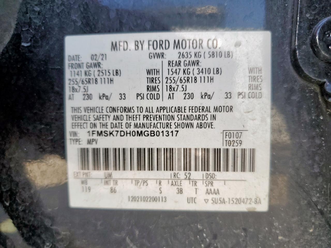 2021 Ford Explorer Xlt VIN: 1FMSK7DH0MGB01317 Lot: 84069025