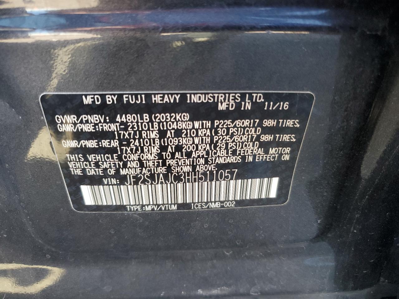 2017 Subaru Forester 2.5I Limited VIN: JF2SJAJC3HH511057 Lot: 85653375