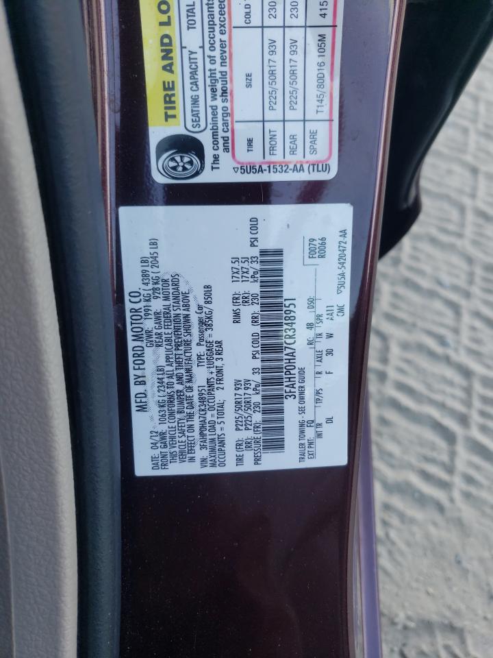 2012 Ford Fusion Se VIN: 3FAHP0HA7CR348951 Lot: 80702135