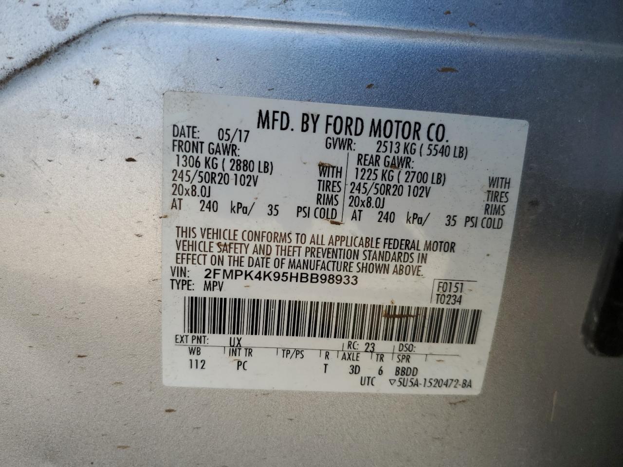 2017 Ford Edge Titanium VIN: 2FMPK4K95HBB98933 Lot: 81944975