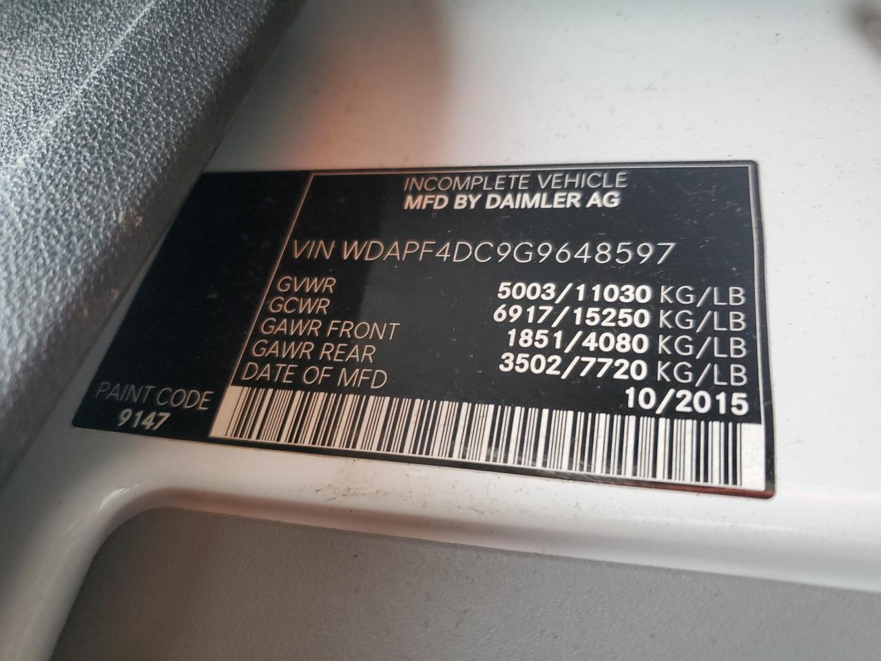 2016 Mercedes-Benz Sprinter 3500 VIN: WDAPF4DC9G9648597 Lot: 86274025