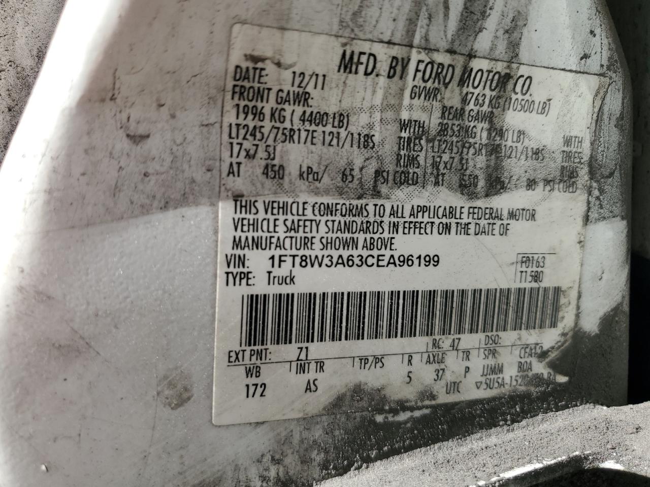 2012 Ford F350 Super Duty VIN: 1FT8W3A63CEA96199 Lot: 85557285
