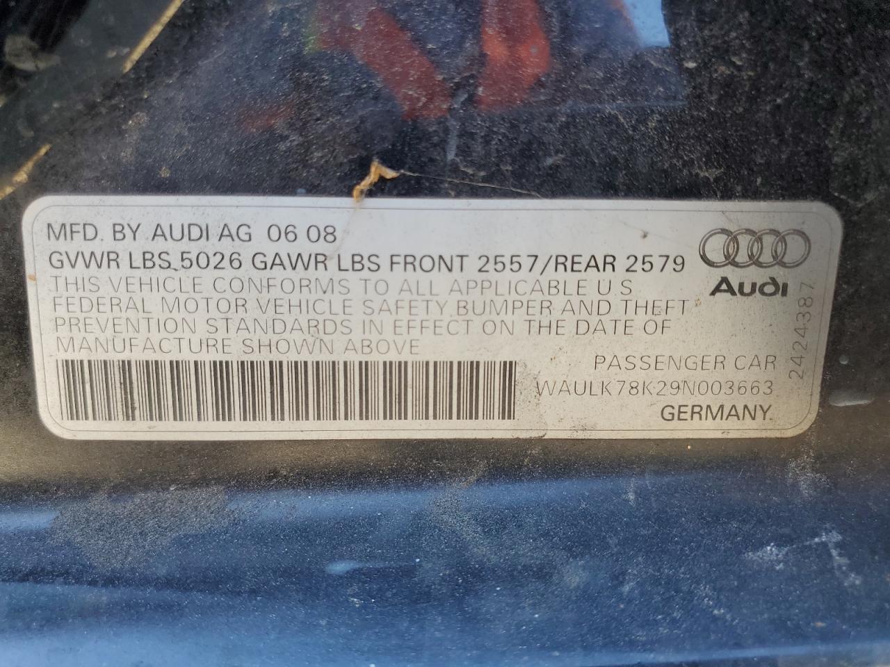 2009 Audi A4 3.2 Quattro VIN: WAULK78K29N003663 Lot: 83837215