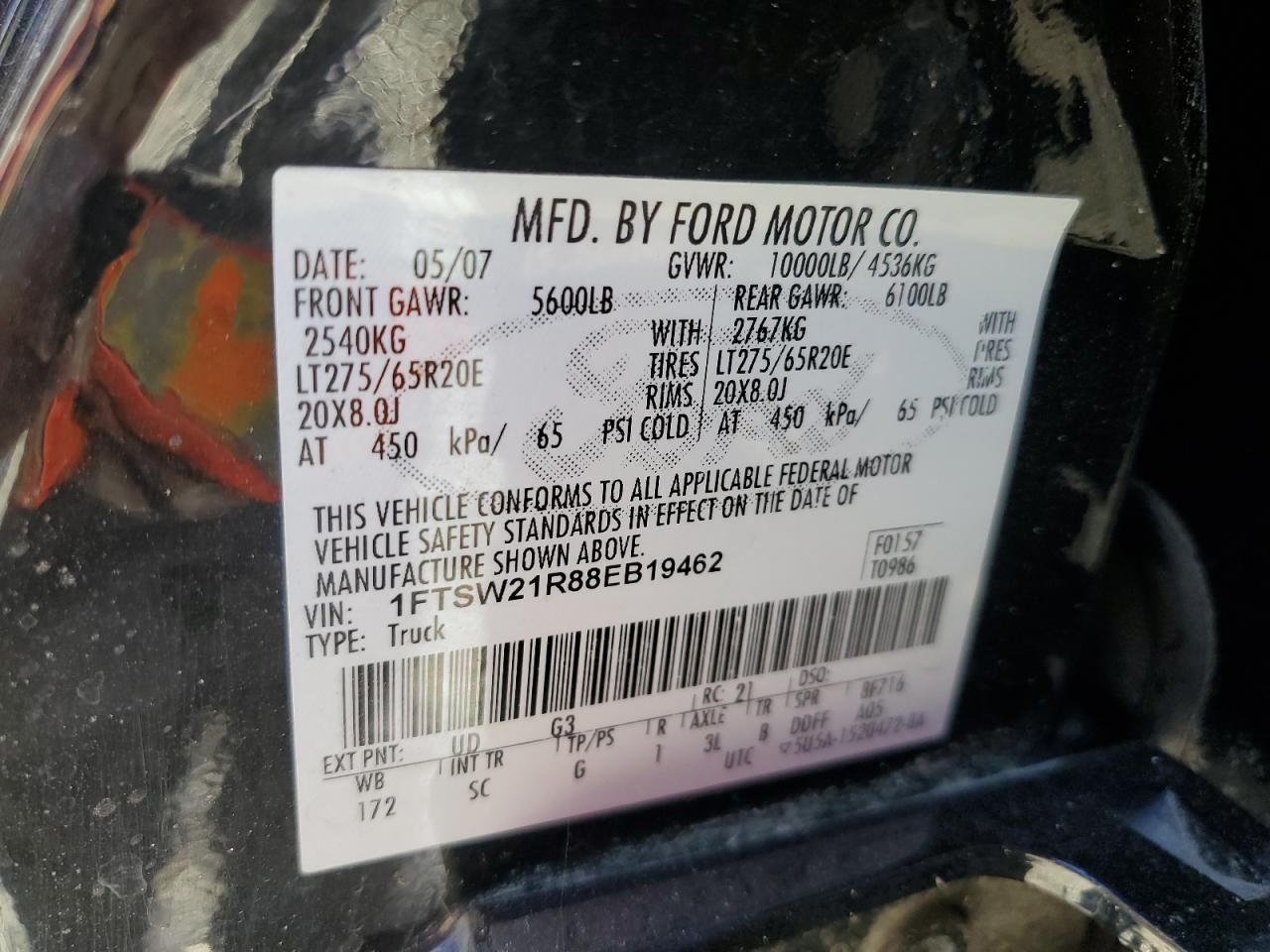 2008 Ford F250 Super Duty VIN: 1FTSW21R88EB19462 Lot: 86067565