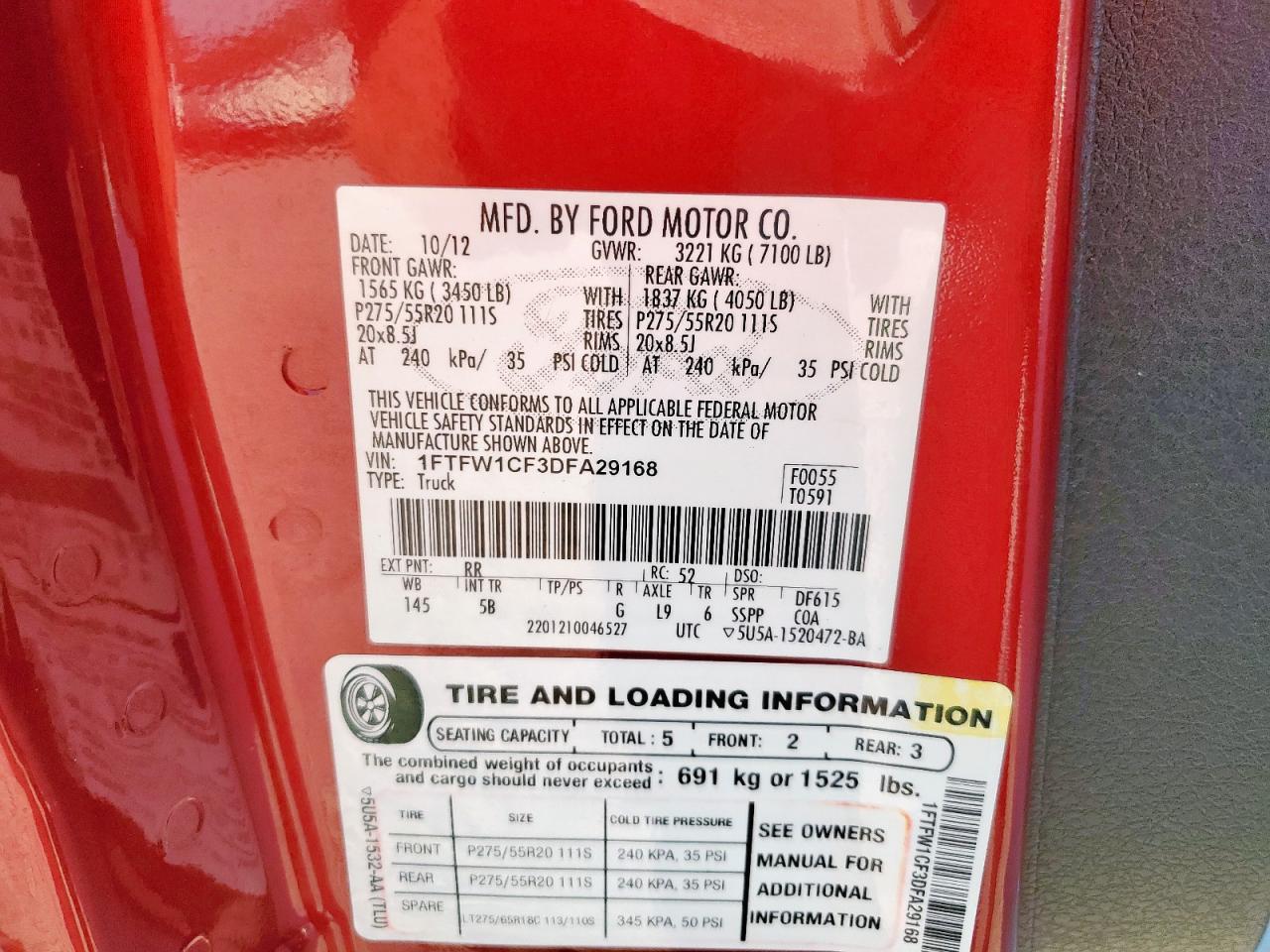2013 Ford F150 Supercrew VIN: 1FTFW1CF3DFA29168 Lot: 85181065