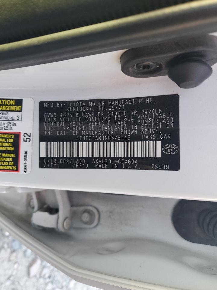 2022 Toyota Camry Xle VIN: 4T1F31AK1NU575145 Lot: 81981105