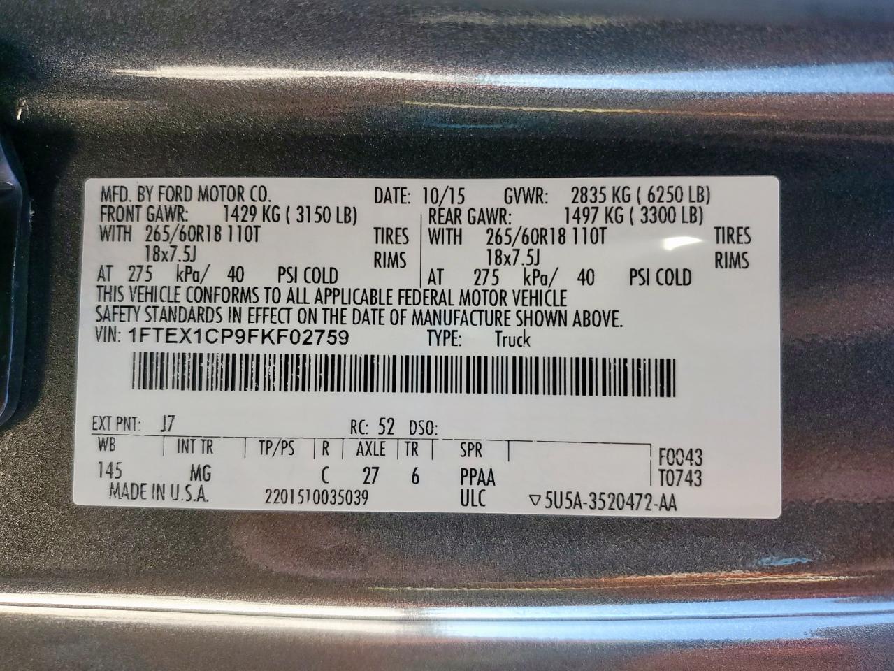 2015 Ford F150 Super Cab VIN: 1FTEX1CP9FKF02759 Lot: 85410785