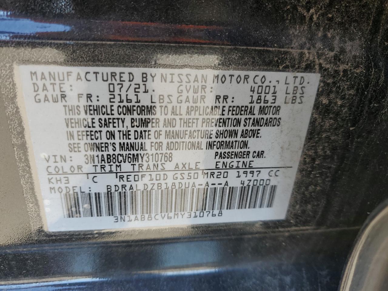 2021 Nissan Sentra Sv VIN: 3N1AB8CV6MY310768 Lot: 84970215