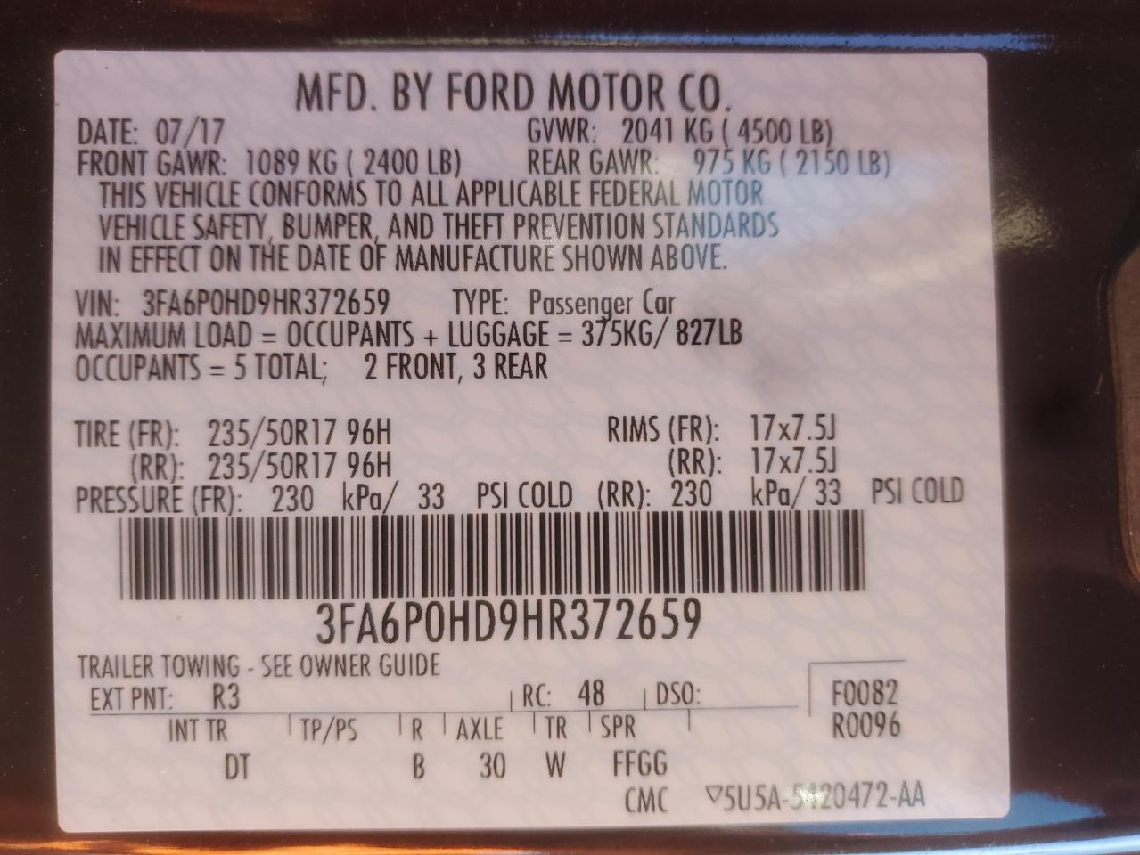 2017 Ford Fusion Se VIN: 3FA6P0HD9HR372659 Lot: 91264655