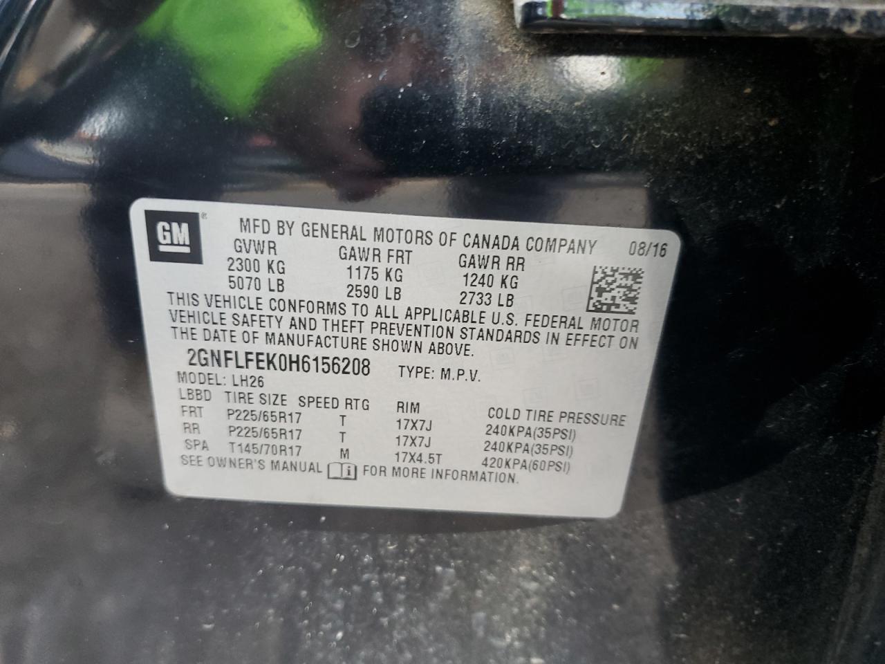 2017 Chevrolet Equinox Lt VIN: 2GNFLFEK0H6156208 Lot: 85586595