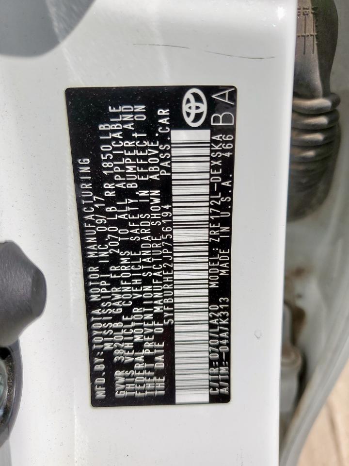 2018 Toyota Corolla L VIN: 5YFBURHE2JP756194 Lot: 86328595