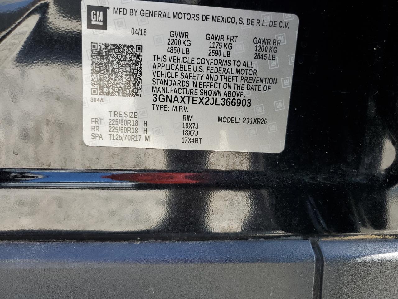 2018 Chevrolet Equinox Lt VIN: 3GNAXTEX2JL366903 Lot: 84877875